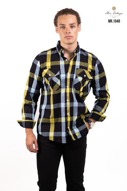 CAMISA CUADROS NEGROS Y AMARILLO DOBLE BOLSA