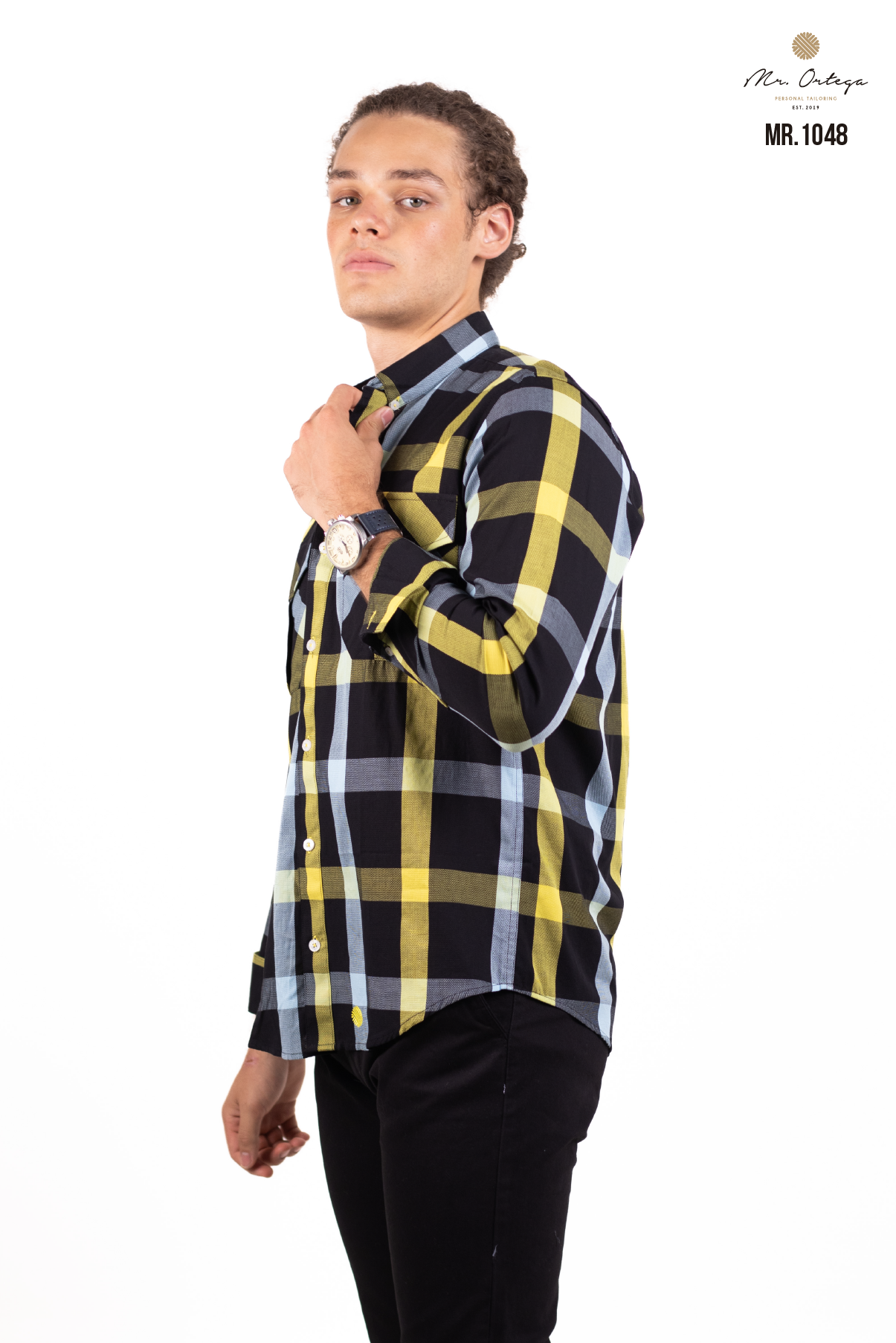 CAMISA CUADROS NEGROS Y AMARILLO DOBLE BOLSA