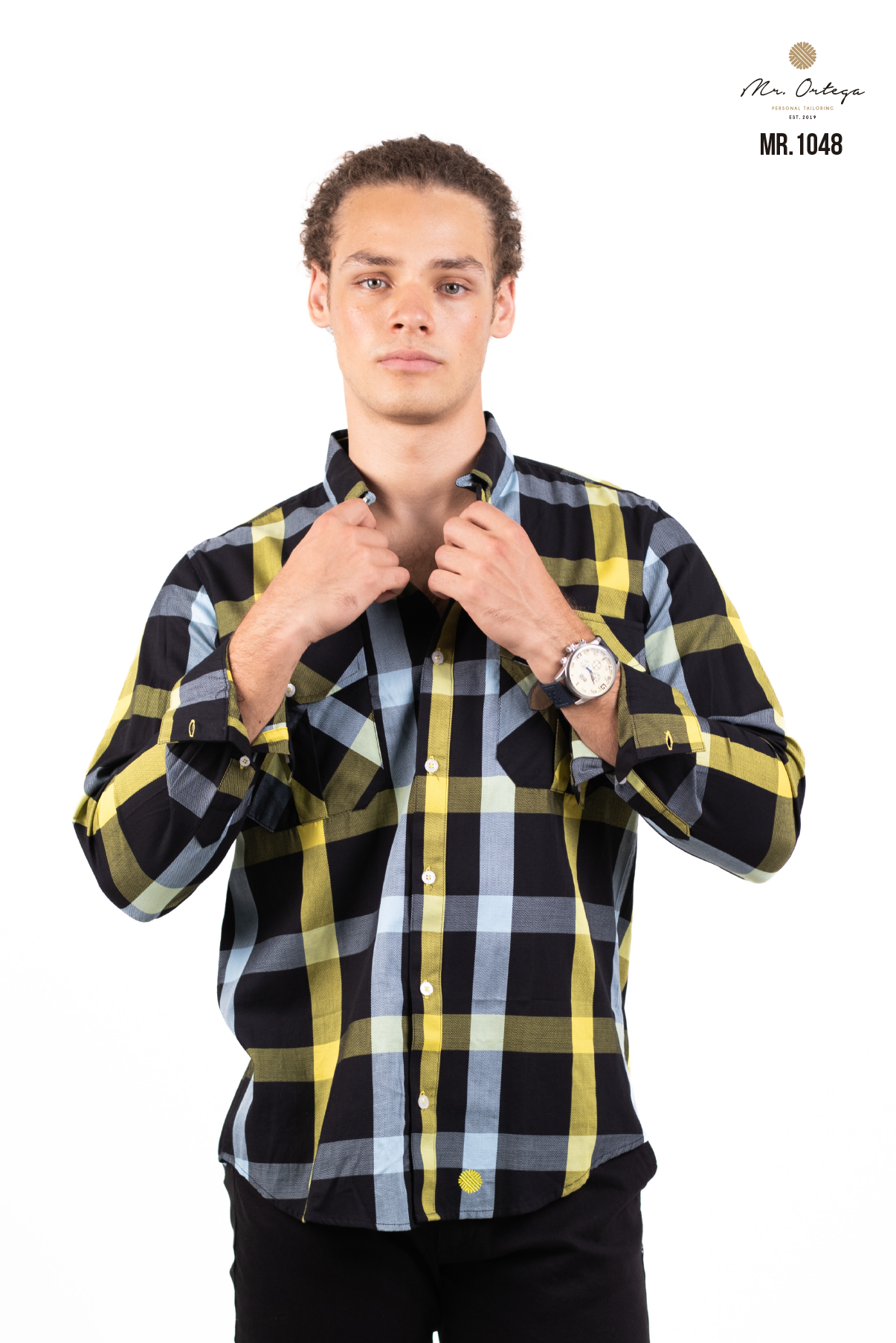 CAMISA CUADROS NEGROS Y AMARILLO DOBLE BOLSA