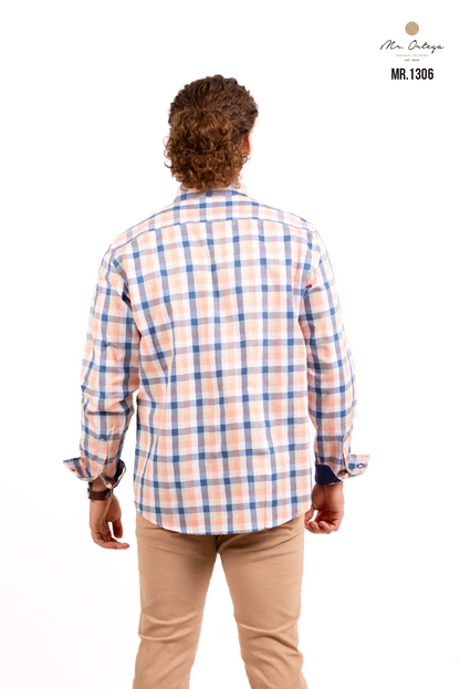 CAMISA CUADROS BLANCO / AZUL Y CORAL CLARO