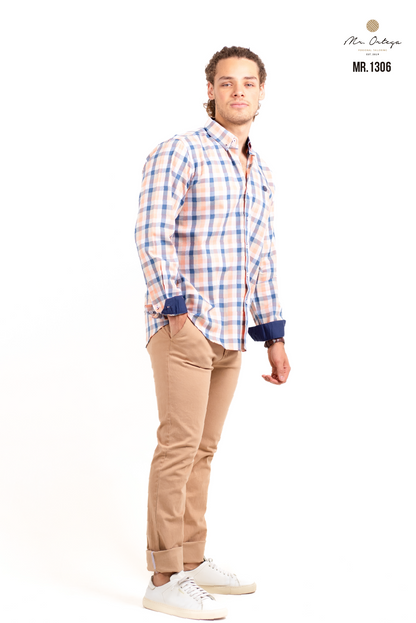 CAMISA CUADROS BLANCO / AZUL Y CORAL CLARO