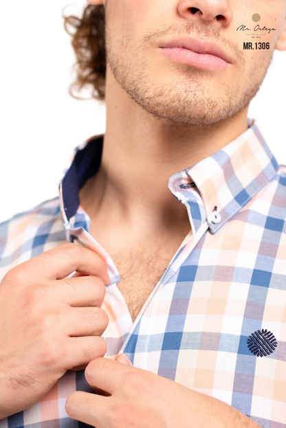 CAMISA CUADROS BLANCO / AZUL Y CORAL CLARO