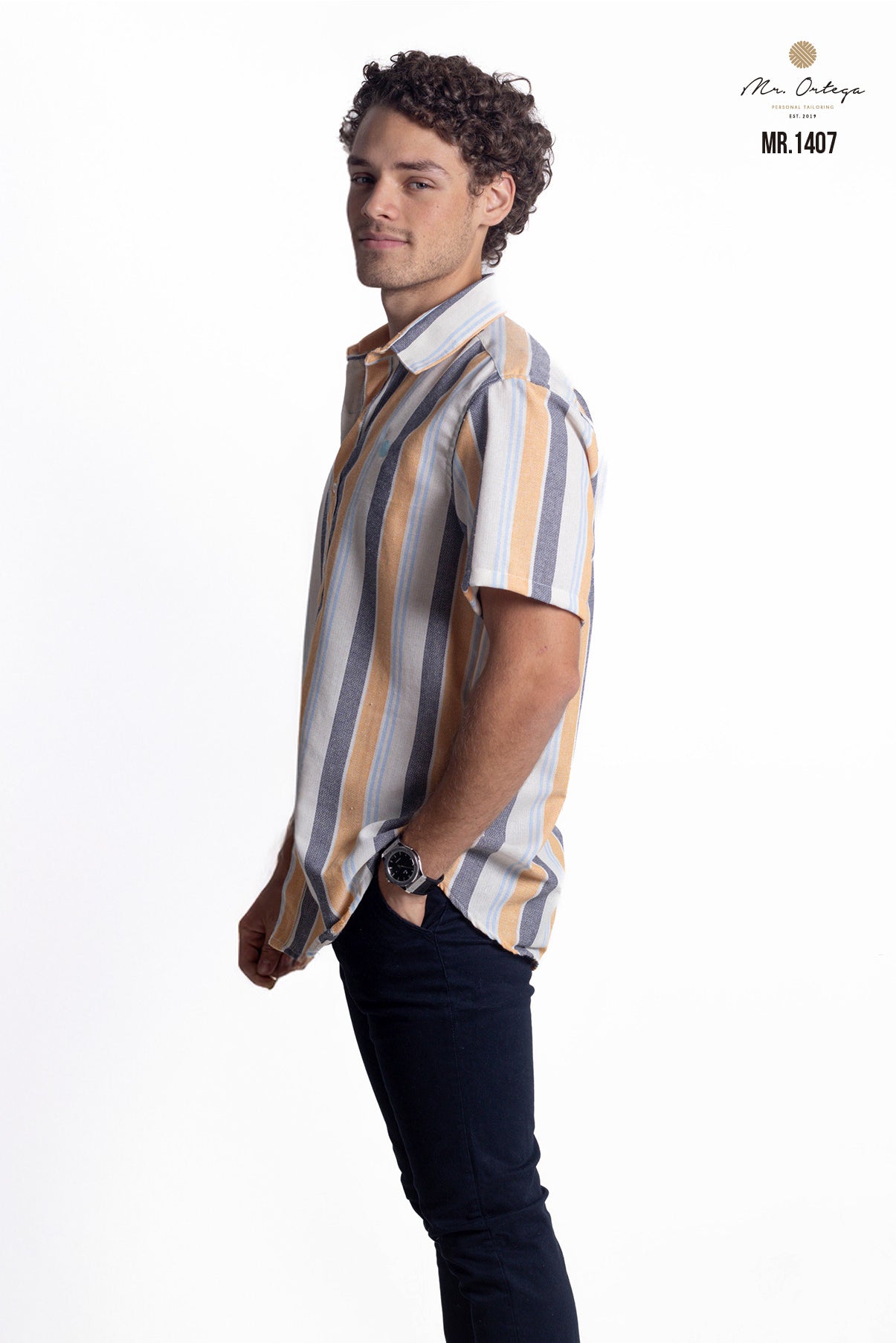 CAMISA RAYAS NEGRO, BEIGE, AZUL Y AMARILLO