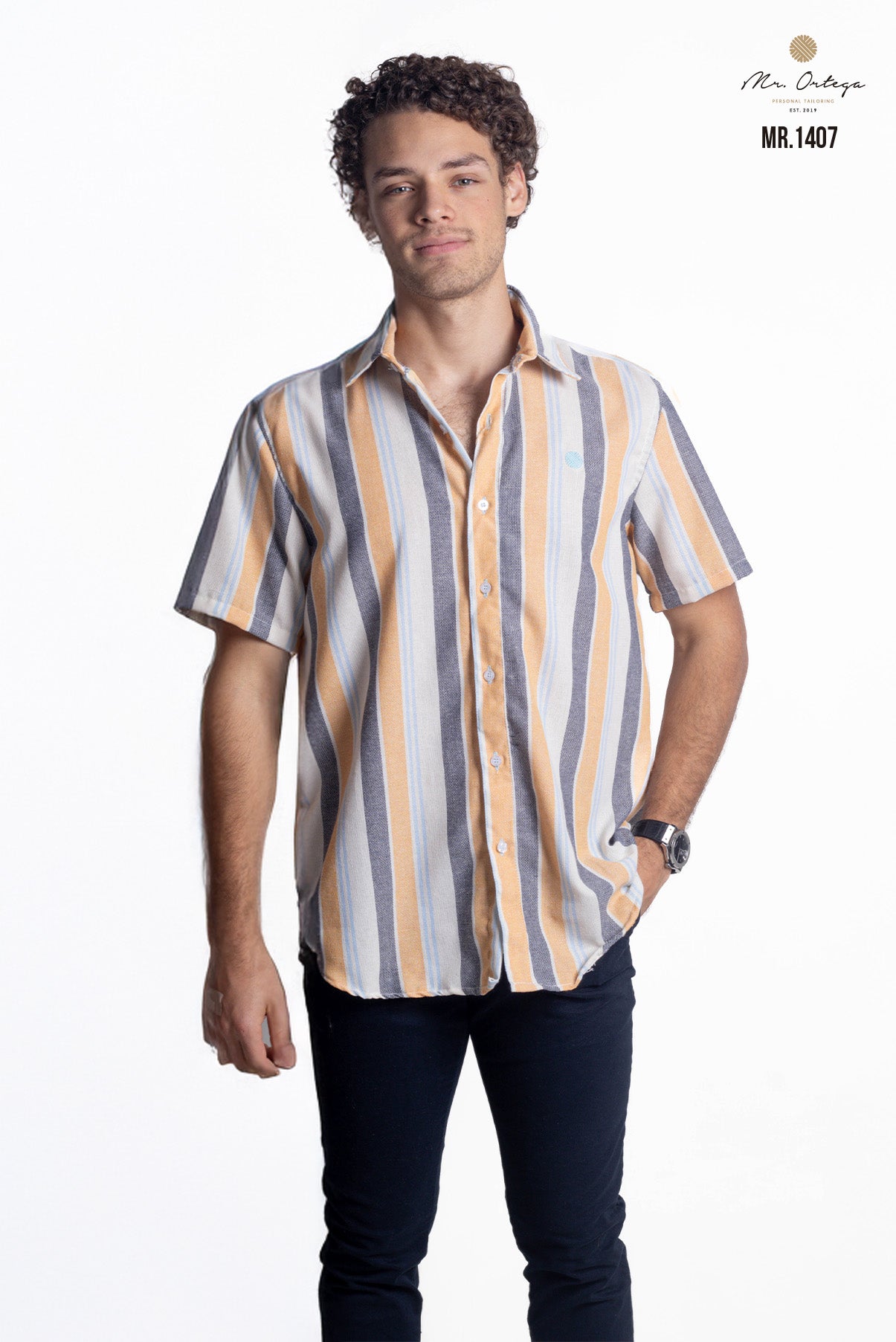 CAMISA RAYAS NEGRO, BEIGE, AZUL Y AMARILLO
