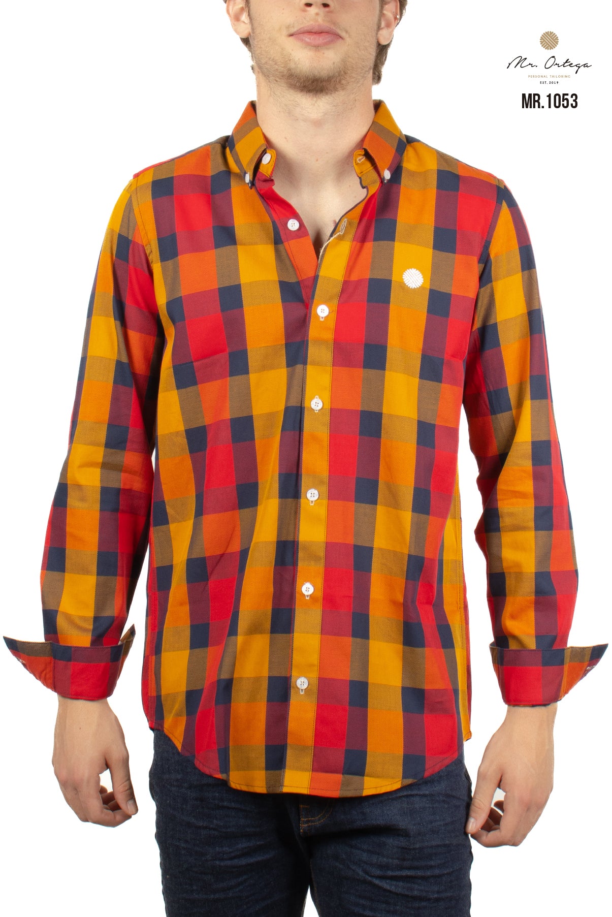 Camisa Para Hombre Cuadros Gris, Amarillo, Rojo y Azul, Regular Fit